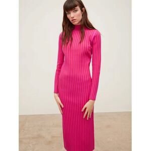 Zara Pink Stretchy Valentine Mock Neck Long Sleeve Rib Knit Sweater Midi Dress
